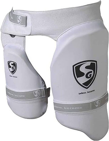 SG Ultimate Combo Thigh Guard with advanced protection system for customized adjustment, combining thigh and inner thigh protection. Features wide comfort-fit elasticated straps for secure placement and fully adjustable components for a custom fit, ensuring superior comfort and protection during play.