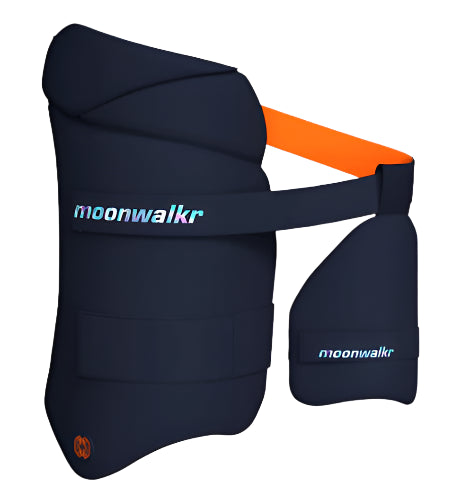 Moonwalkr Thigh Guards: Featuring dual-colored straps, integrated protection for both outer and inner thighs, and a flexible, lightweight design for enhanced mobility and comfort. Available in blue and white colors.