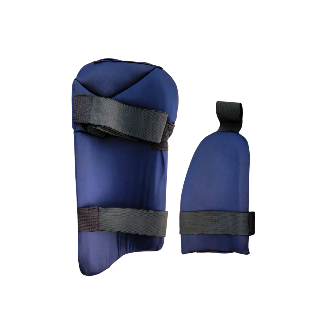 Navy blue thigh guard for cricket, offering premium protection and secure fit.