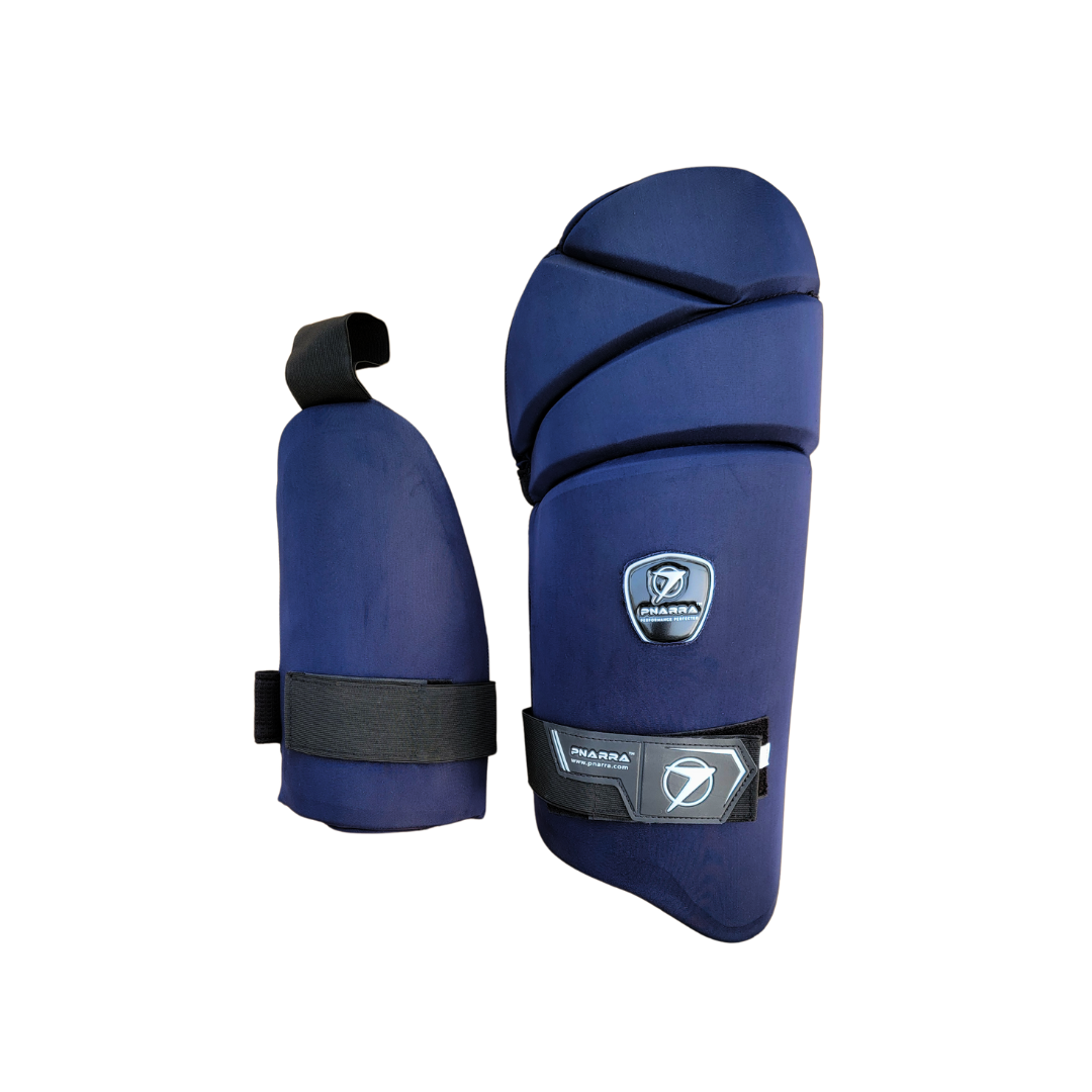 Navy blue thigh guard for cricket, offering premium protection and secure fit.