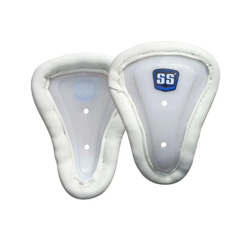 SS Women Abdo Guard in white, featuring a high-impact poly protector for resistance. Border bound with foam casing stuffed with cotton for added comfort and protection. Shaped for optimum groin protection and designed with a slip-on style for easy wear and convenience. Ideal for women cricketers, offering safety and comfort.