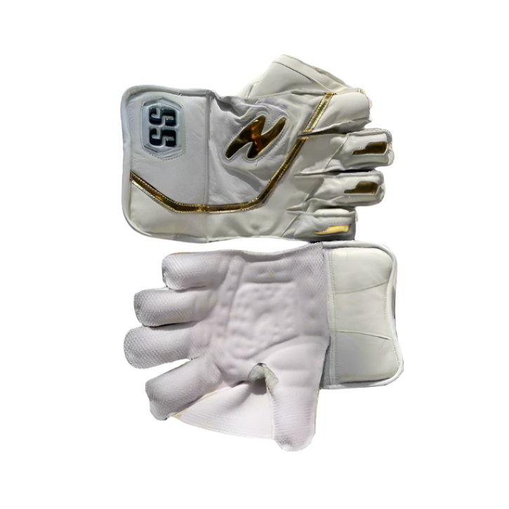 SS Wicket Keeping Gloves designed for professionals, featuring premium quality leather for top performance. The gloves have breathable perforated leather sheepskin on the back for comfort. Fully leather-lined for durability, with a high-density foam cuff for wrist protection. Additional finger protection for safety and available in a stylish white/gold color combination.