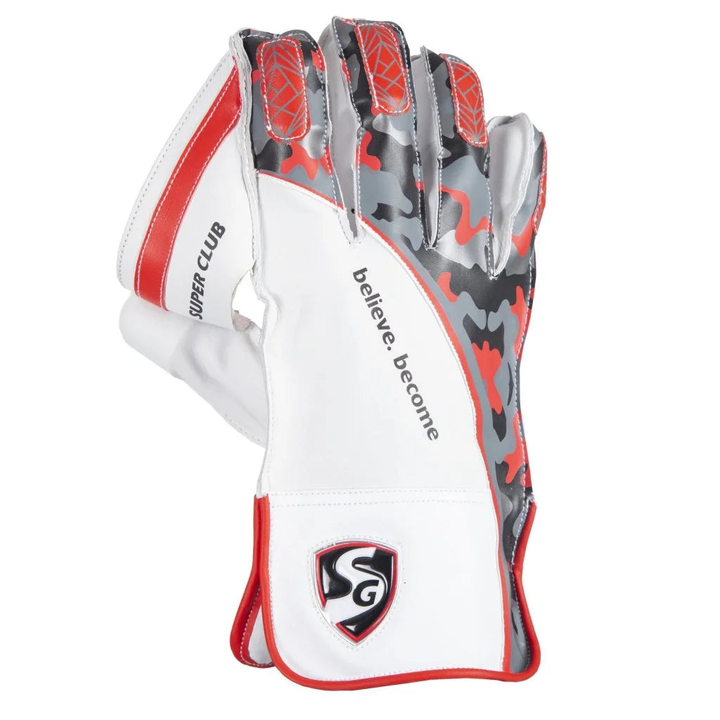 High-Quality Material View: Close-up of SG Super Club Wicket Keeping Gloves showcasing premium materials for durability and long-lasting performance.