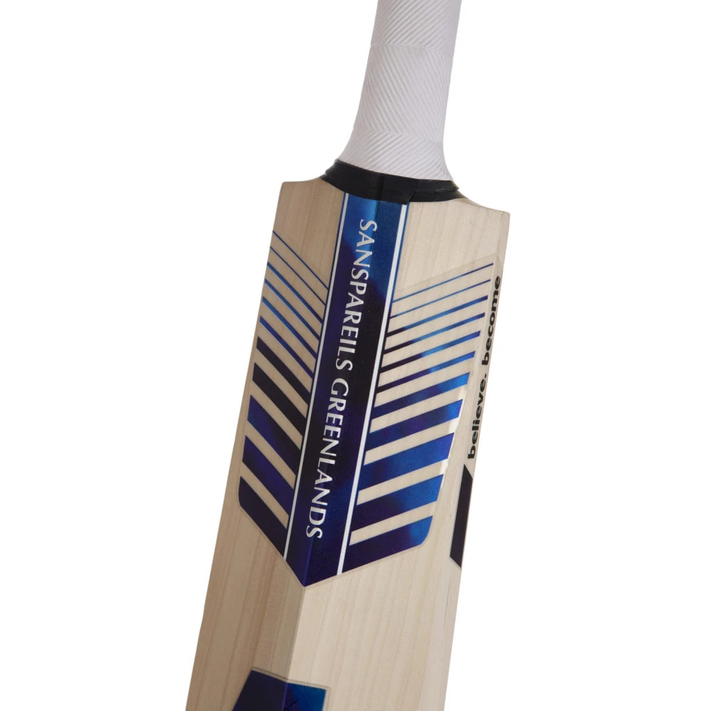  Close-up of the upper section of the Finest English Willow Cricket Bat, showcasing the shoulder and spine. The bat features high-quality willow with a well-pressed design for optimal strength and superb stroke play.