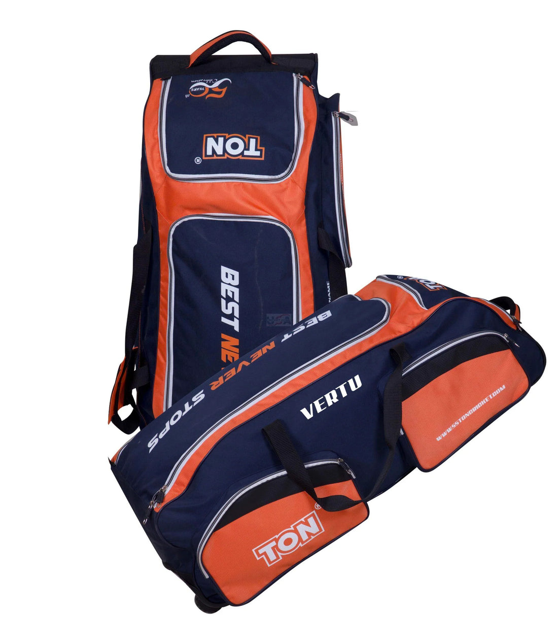 SS Ton Vertu Wheelie Cricket Kit Bag with one large main compartment, two external pockets, separate shoe pocket, and sports tractor wheels with plastic rail strips for easy mobility and better ground clearance.