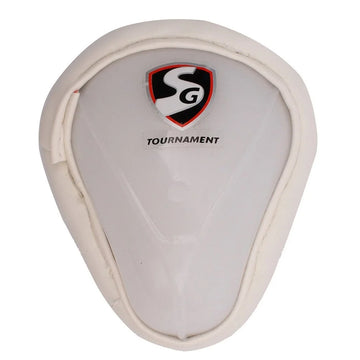 Close-up view of SG PROFILE Men's Abdominal Guard, showing the high impact-resistant poly protector and foam casing with cotton filling for maximum protection and comfort.