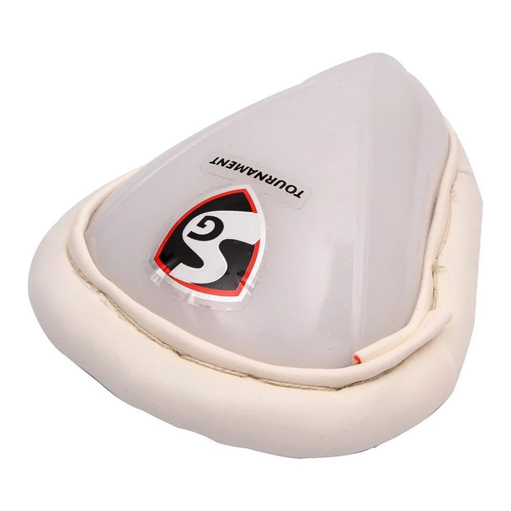 Close-up view of SG PROFILE Men's Abdominal Guard, showing the high impact-resistant poly protector and foam casing with cotton filling for maximum protection and comfort.