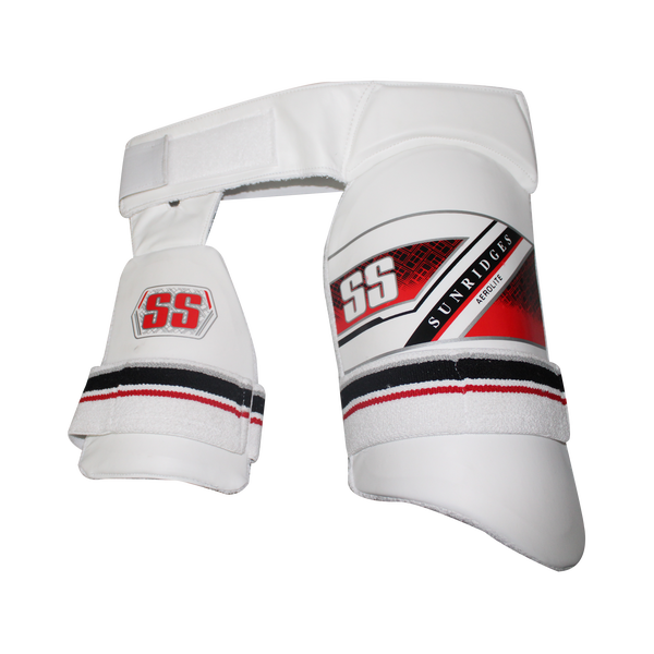 SS AEROLITE Thigh Guard JUNIOR in Youth and Boys sizes, designed with a lightweight material for comfort and mobility. Provides optimal protection against high-impact deliveries with breathable padding and durable construction for long-lasting use. Features a secure and comfortable fit for young players.