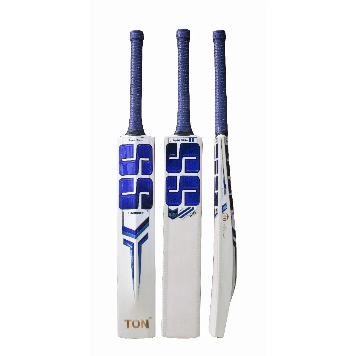 Full view of SS Sky MS English Willow Cricket Bat - SH, highlighting the thick edges (38-40 mm) and spin of 65-67 mm for optimal performance.